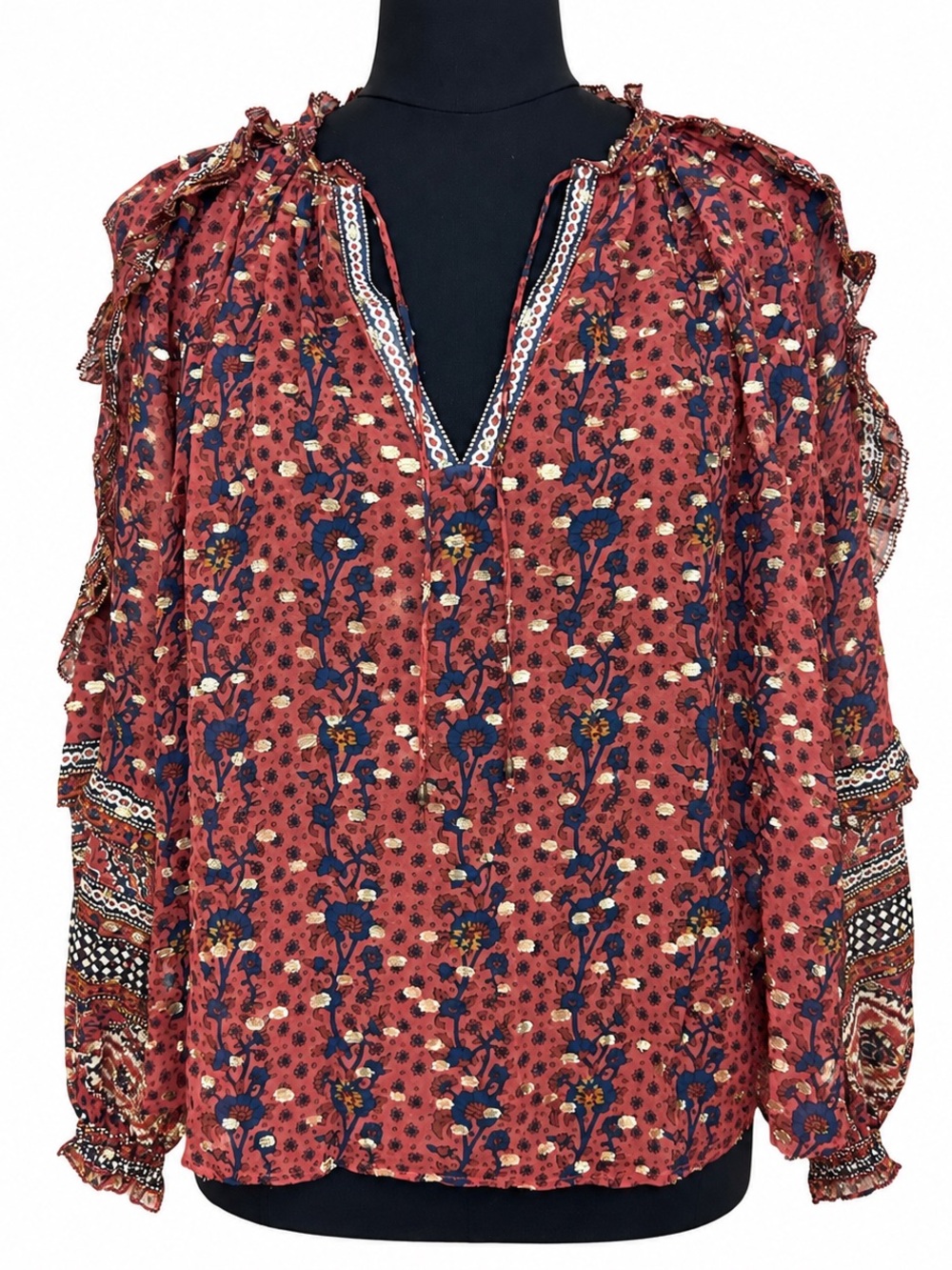 Ulla Johnson Silk Floral Metallic Lurex Boho Blouse Size 4